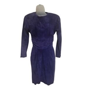 Ambra Vintage 80s Suede Royal Purple Long Sleeve Ruched Waist‎ Midi Dress Size 4